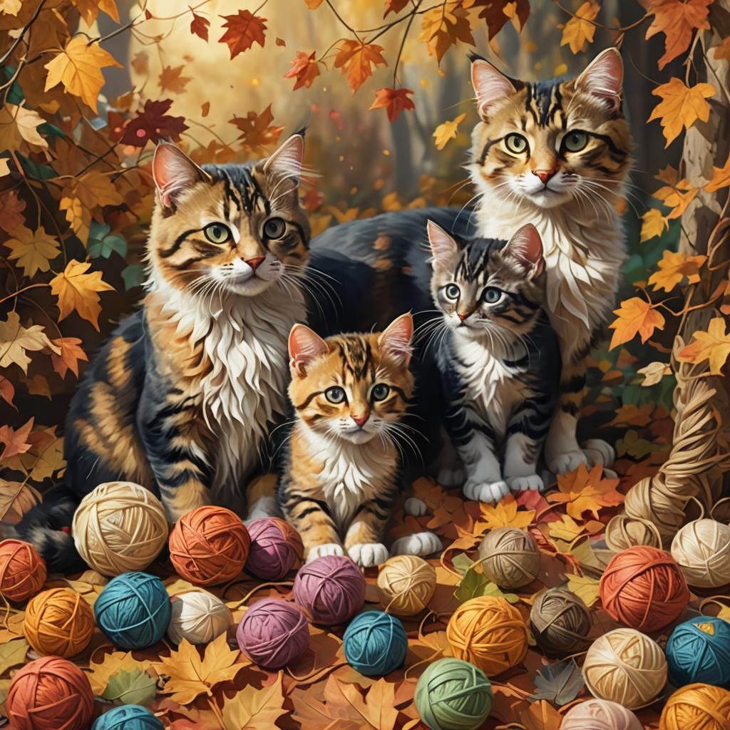Autumn Cats Playing With Yarn in Golden Light