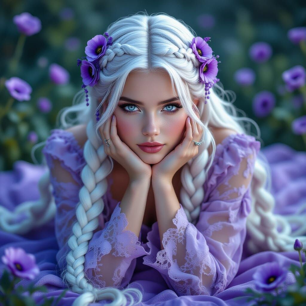 Dreamy Young Woman in Lilac Gown with Poppy Adornments
