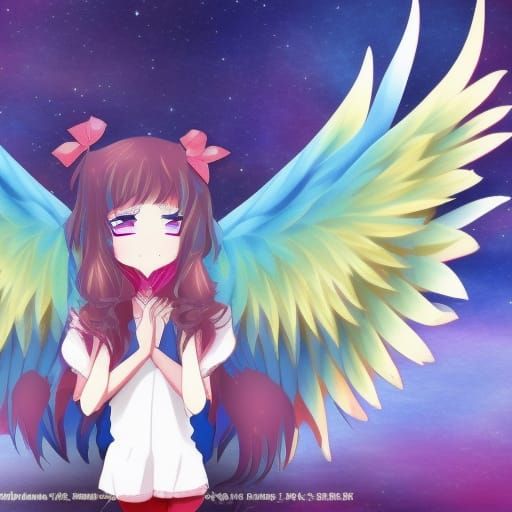 Anime Girl with Rainbow Wings Flying