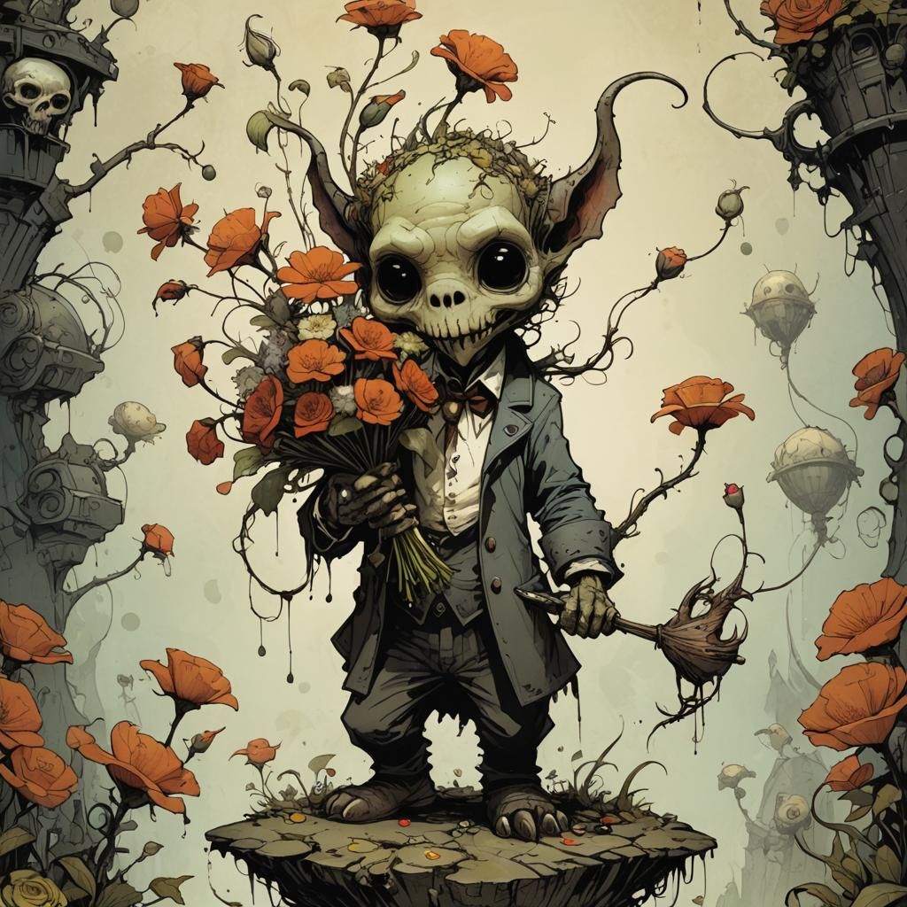 Cute, Scary Creature with Flowers in Surreal Style