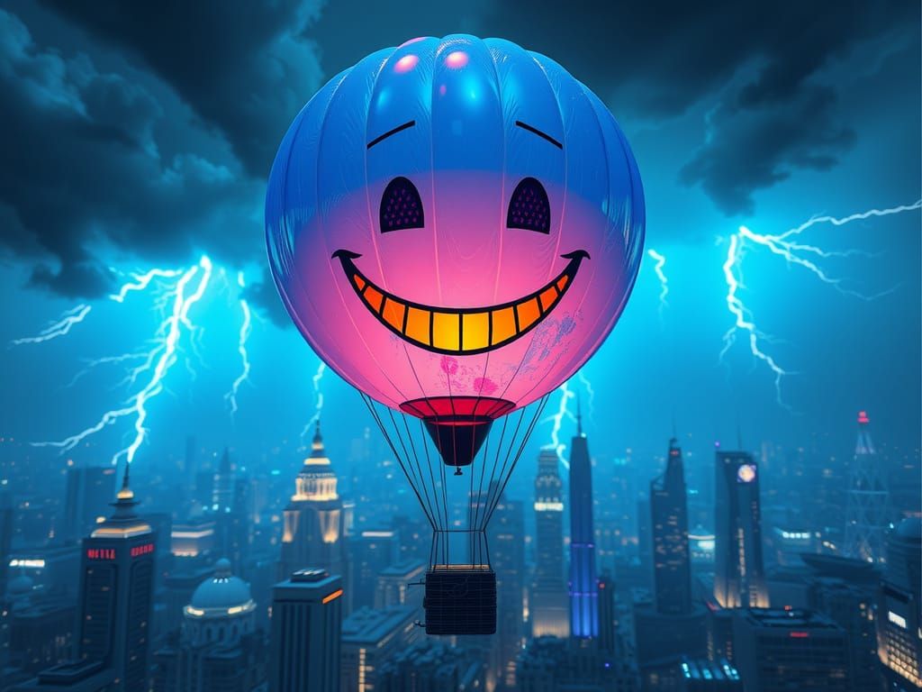 Creepy Smiling Balloon Over Dystopian World in 3D