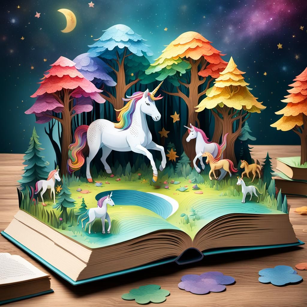 Magical Forest Pop-Up Book Scene in Watercolor Style