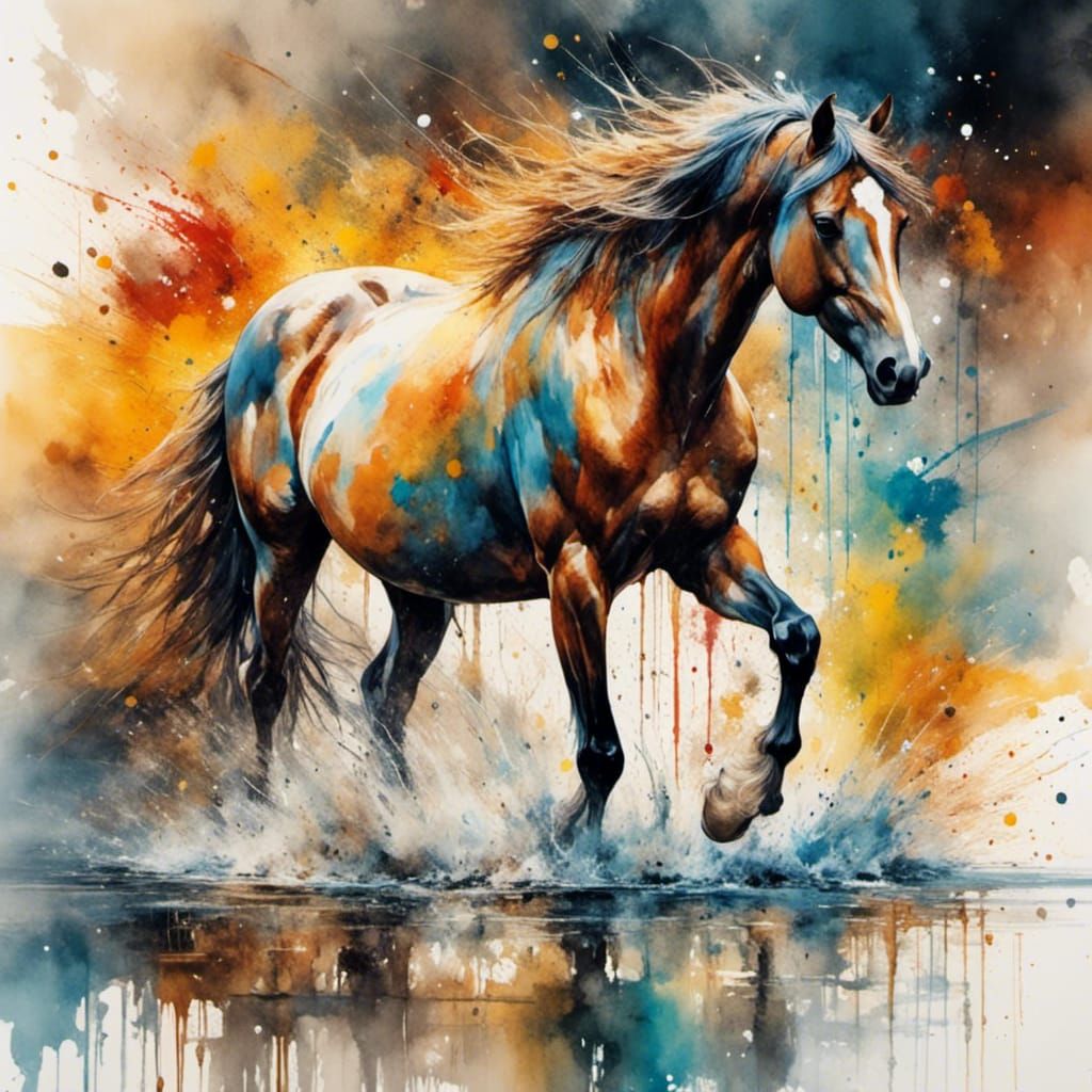 Majestic Horse Shaking Water: Fauvist Oil Painting