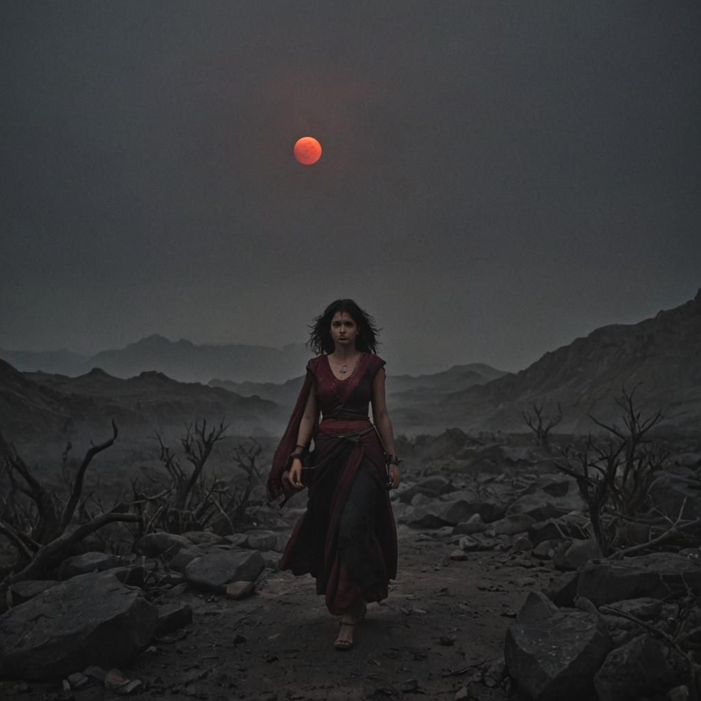 Desolate Landscape with Red Moon in Cinematic Style