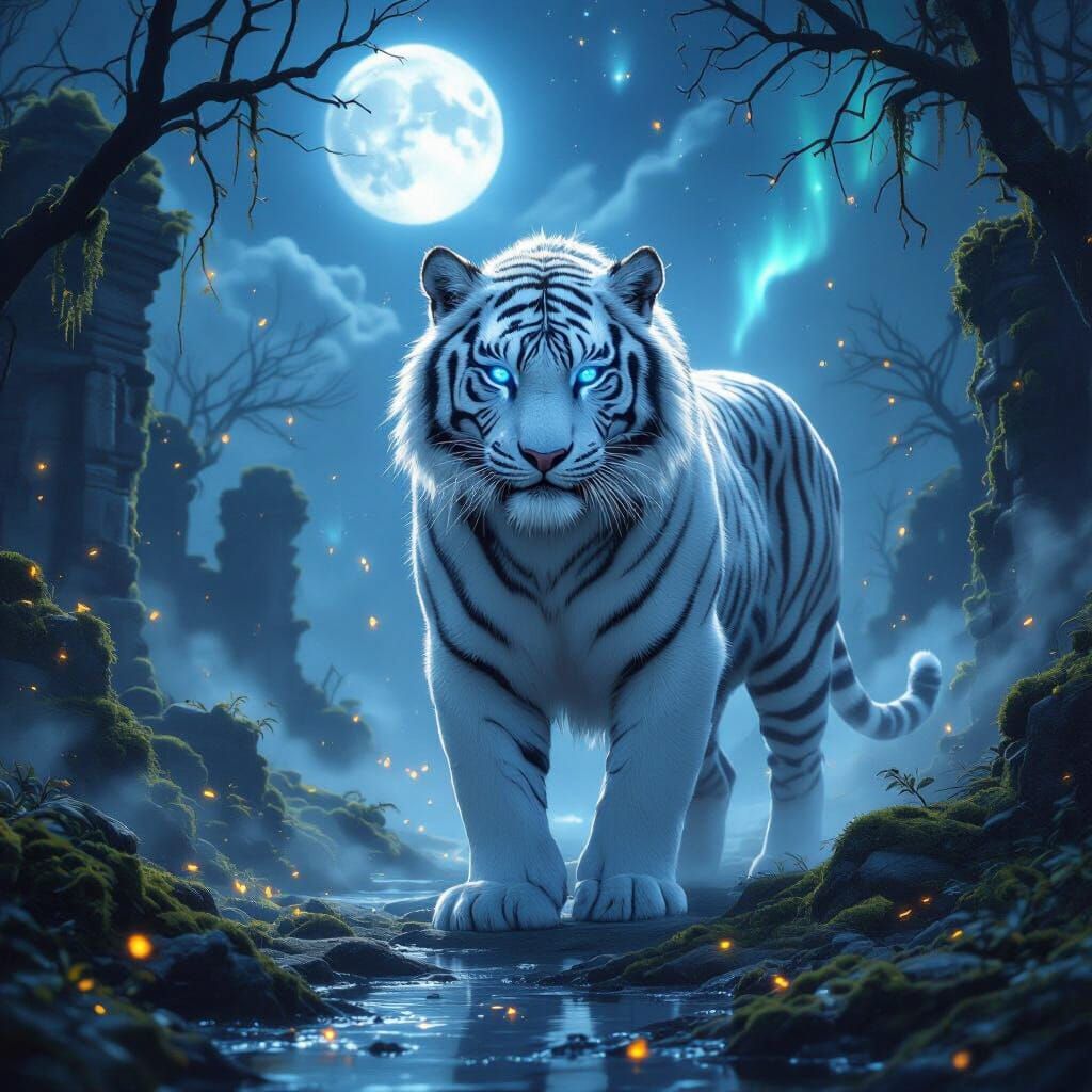 Majestic White Tiger in Bioluminescent Moonlit Forest