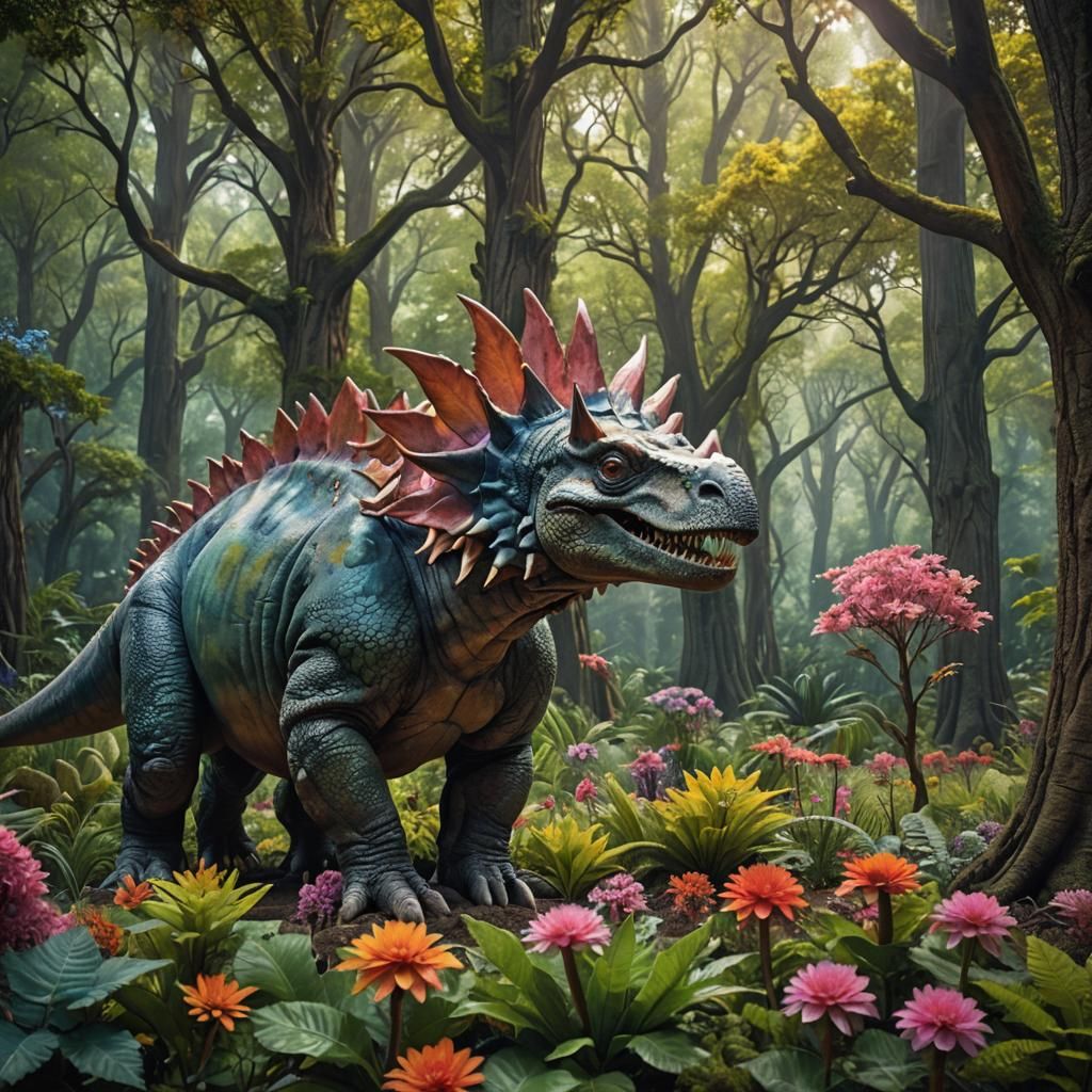 Transparent Stegosaurus in a Vibrant Prehistoric Landscape