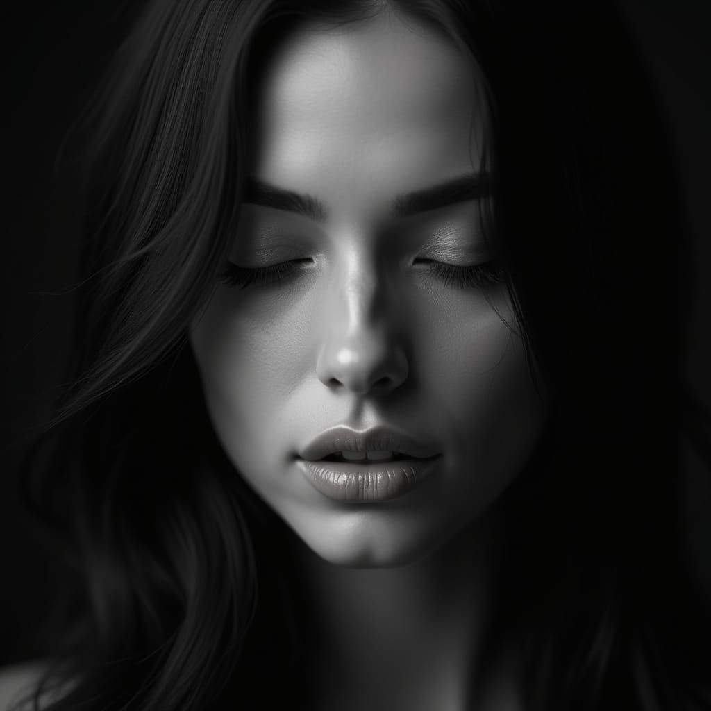 Serene Woman's Portrait in Dramatic Black and White