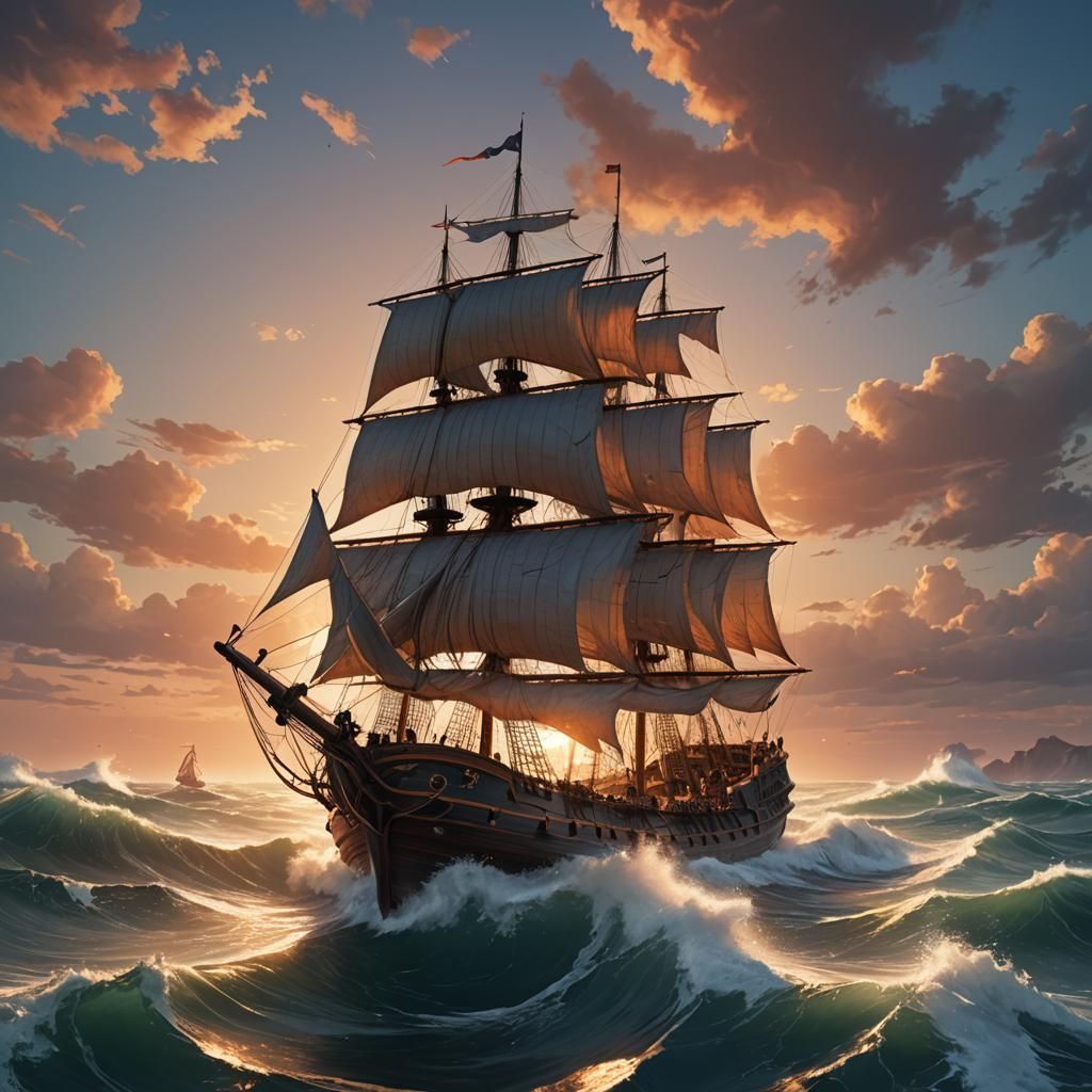 Medieval Ship Sailing on High Waves in 3D Anime Style
