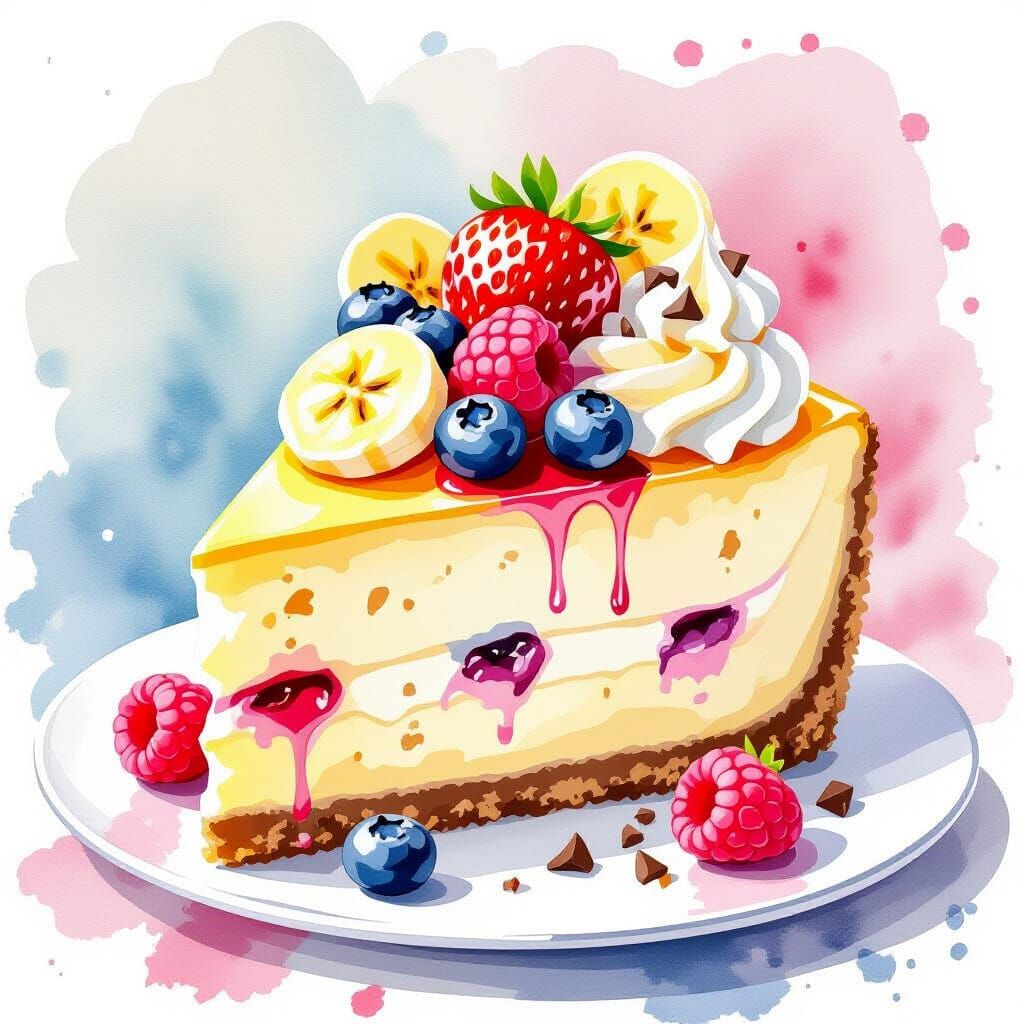 Cheesecake Slice with Berries in Watercolor Style