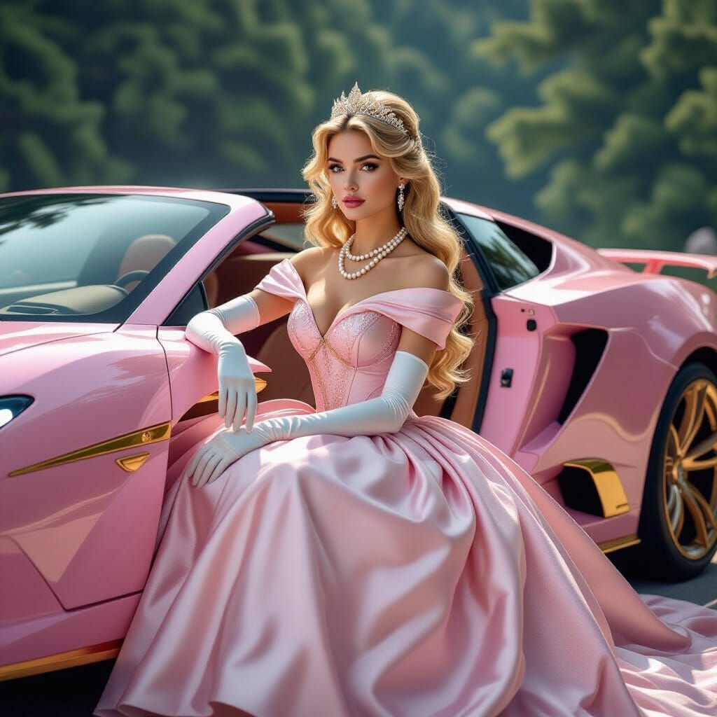 Princess Aurora in Sleek Sports Car, Hyperrealistic Renderin...