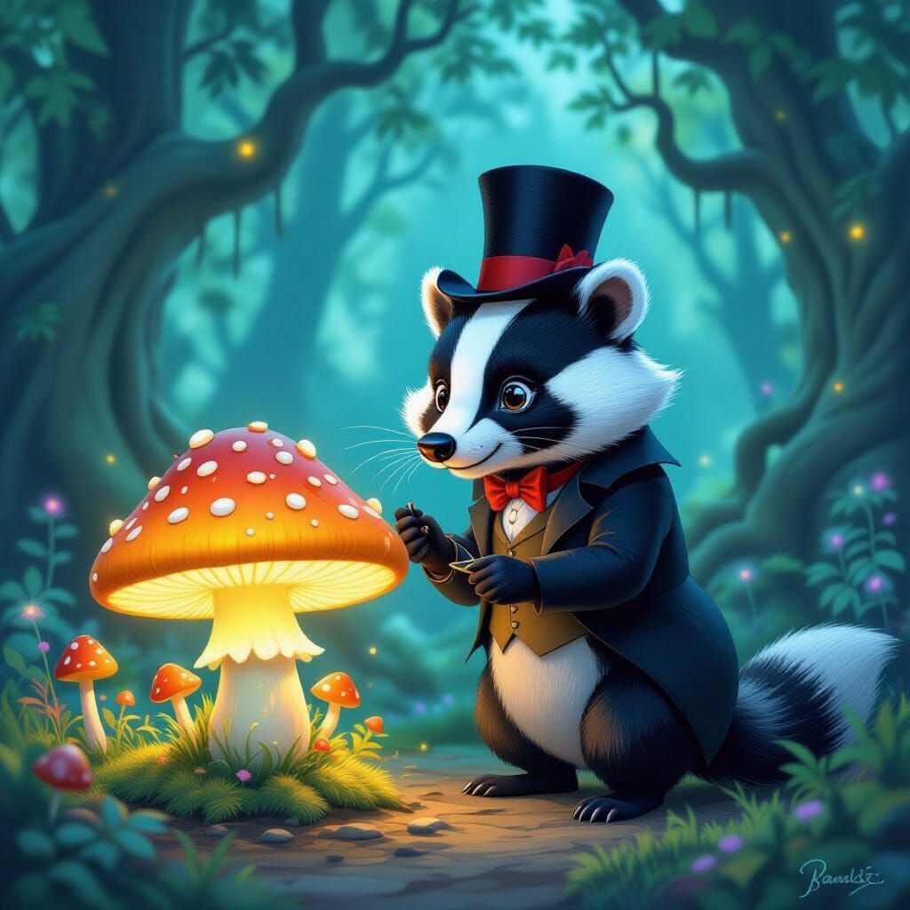 Badger in Top Hat Examines Glowing Mushroom in Enchanted For...
