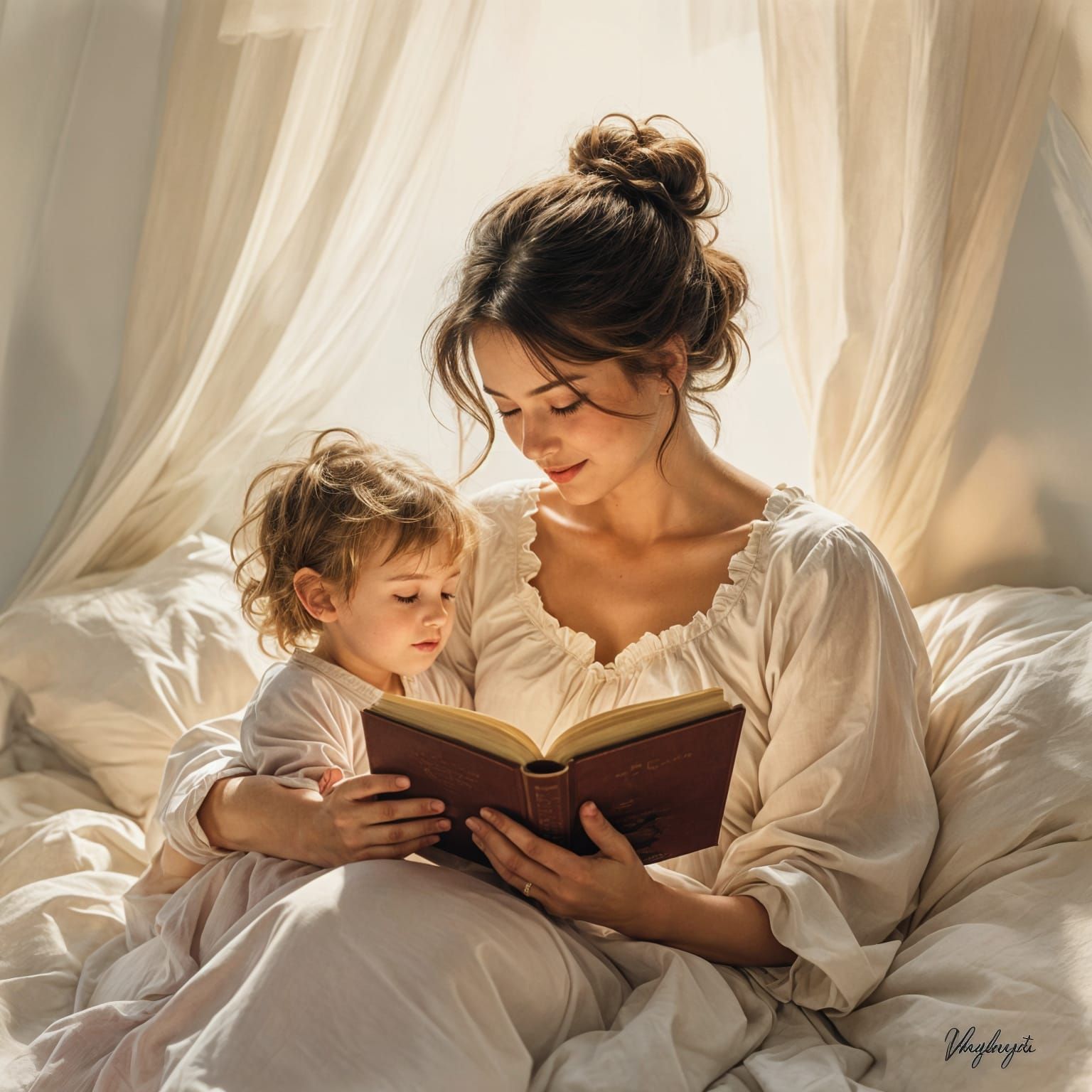 Mother Reading Storybook to Child in Dreamlike Light
