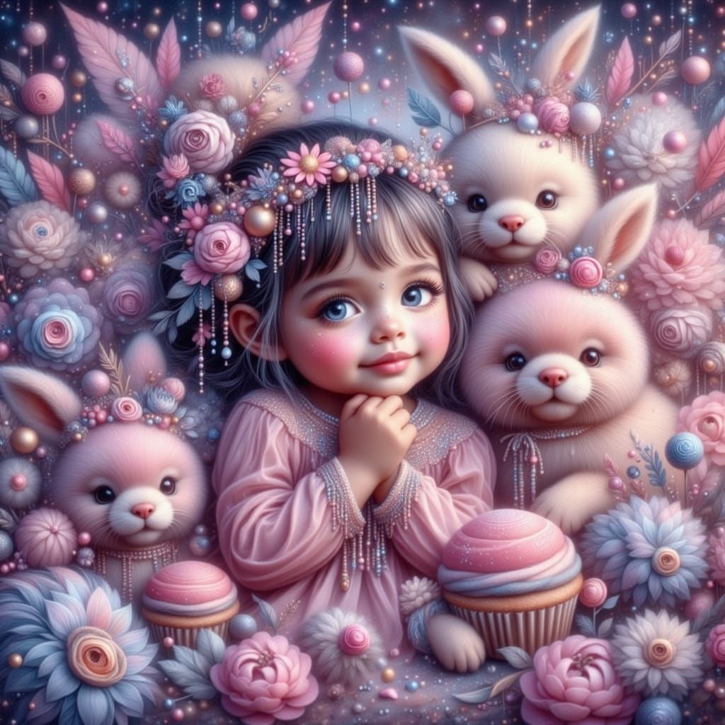 Girl's Dream of Bunnies and Cupcakes in Whimsical Style