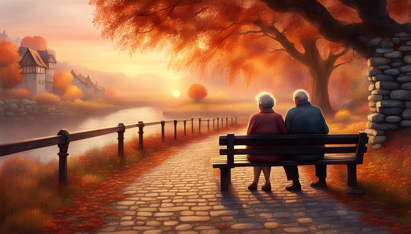 Autumn Sunset: Old Couple in Watercolor Painting
