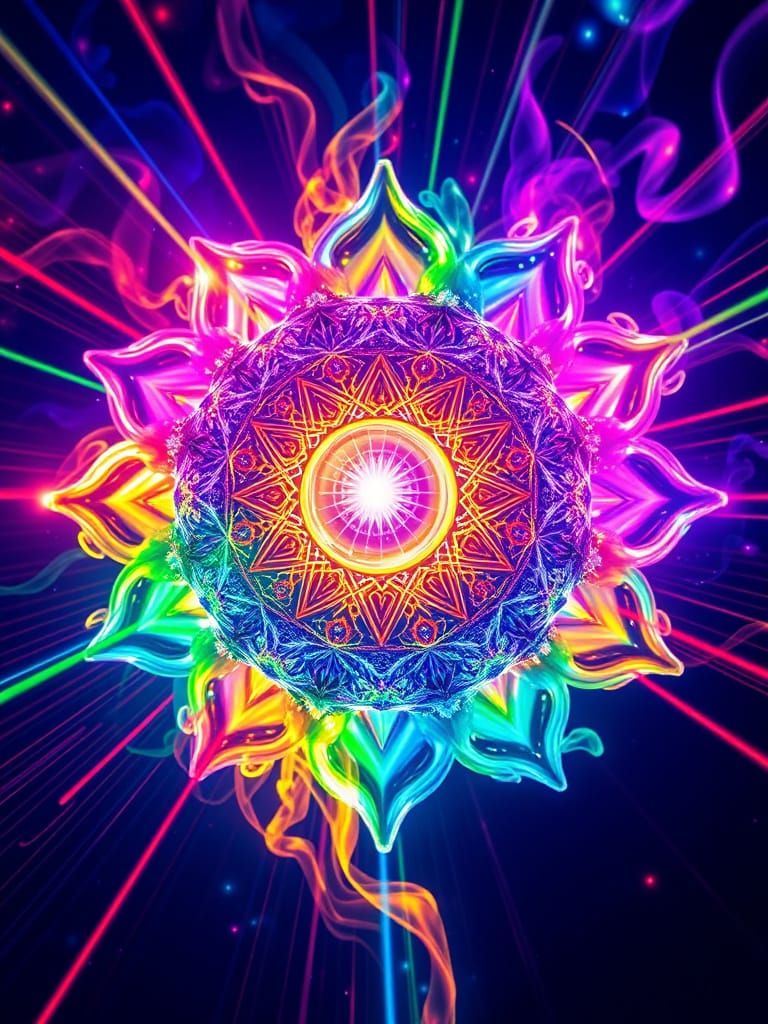 Neon Rainbow Fractal Sun in Futuristic Style