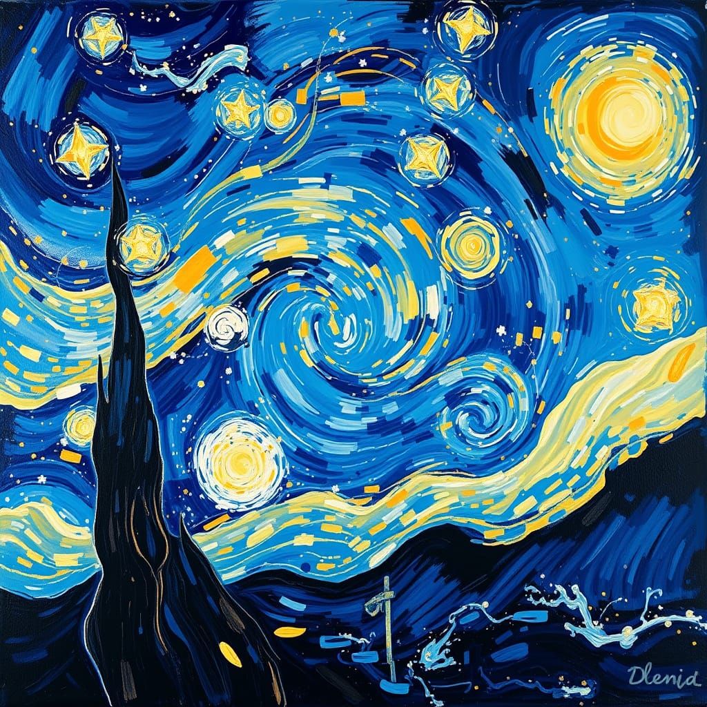 Dreamy Cosmic Night Sky in Vibrant Post-Impressionist Style
