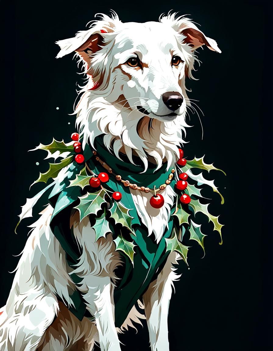 Adorable White Borzoi Dog in Festive Holly Costume, Digital....