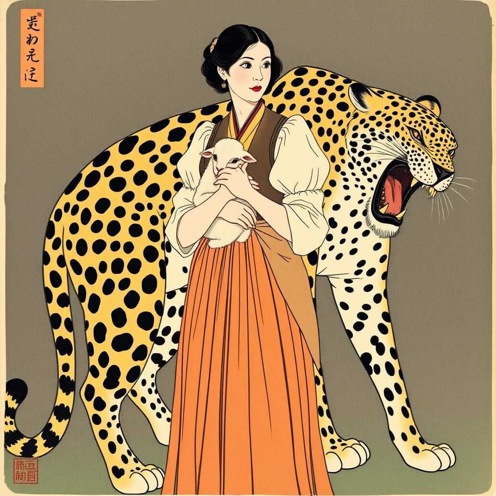 Woman With Lamb and Leopard in Ukiyo-e Style