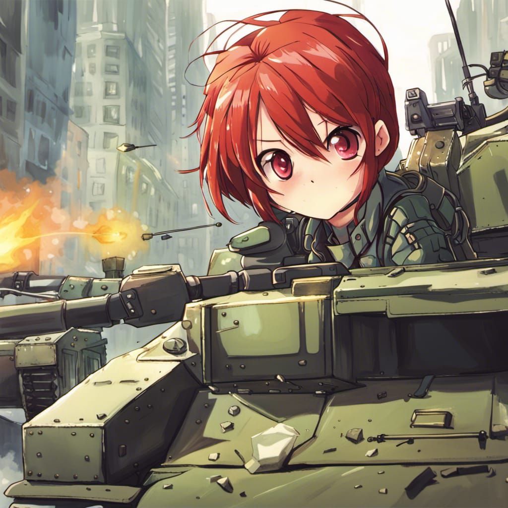 Red-Haired Girl Piloting a Tank in Anime Style