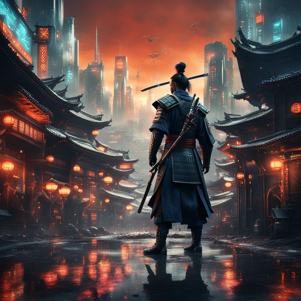 Futuristic Samurai in a Cyberpunk Cityscape
