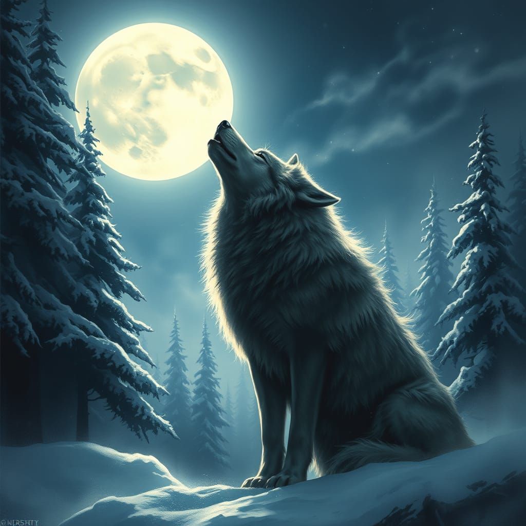 Majestic Wolf Howling in Ethereal Moonlight Forest