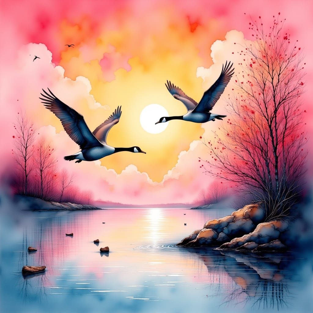 Surreal Geese in Flight over a Vibrant Coastal Scene