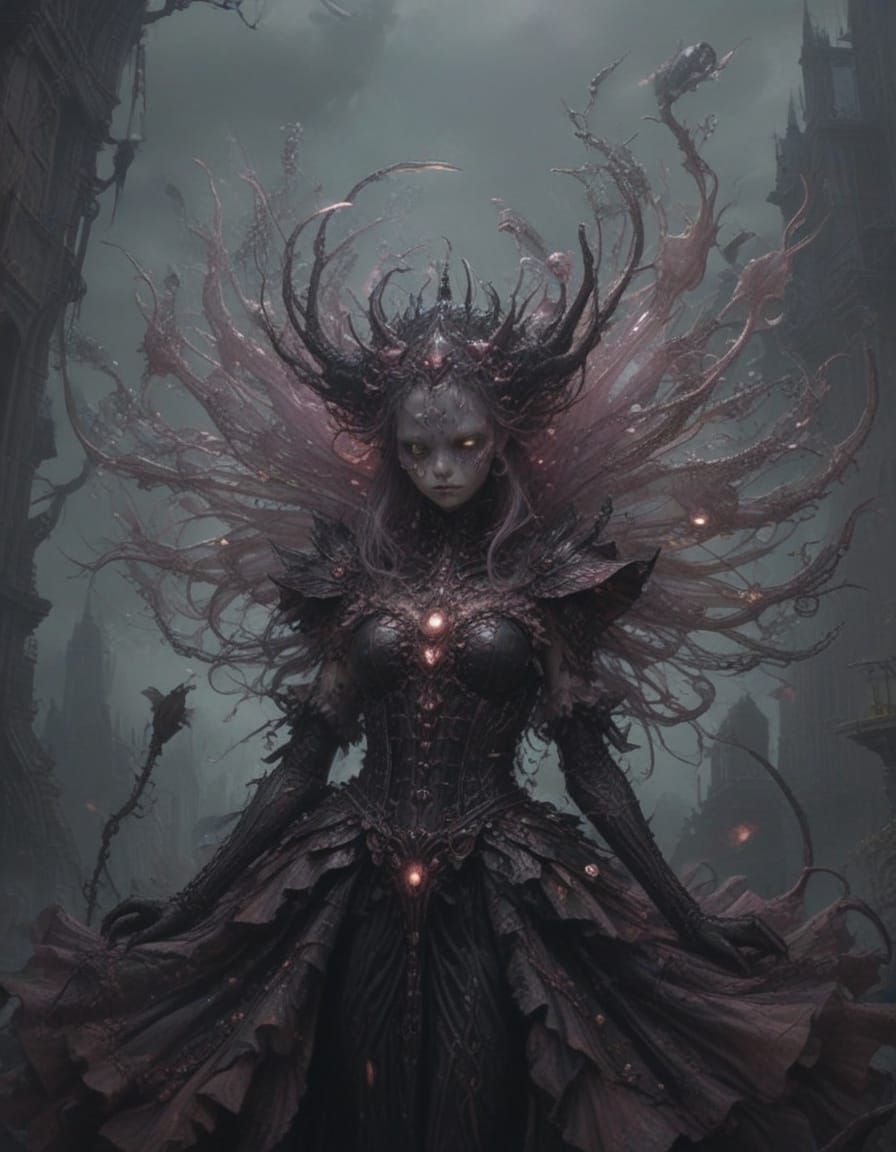 Dark Fantasy Anime Insect Girl with Glowing Eyes in Pink Ruf...