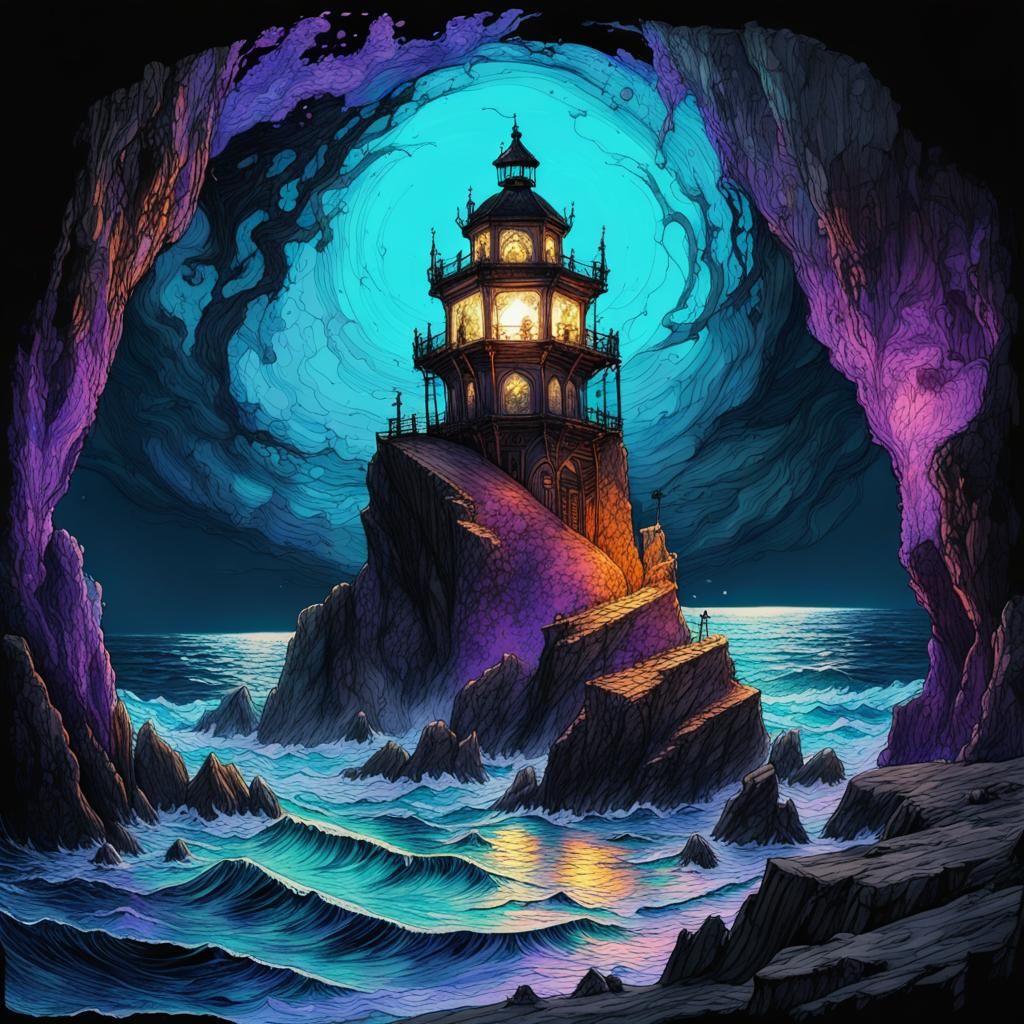 Gothic Lantern Seascape in Fluorescent Blacklight Art