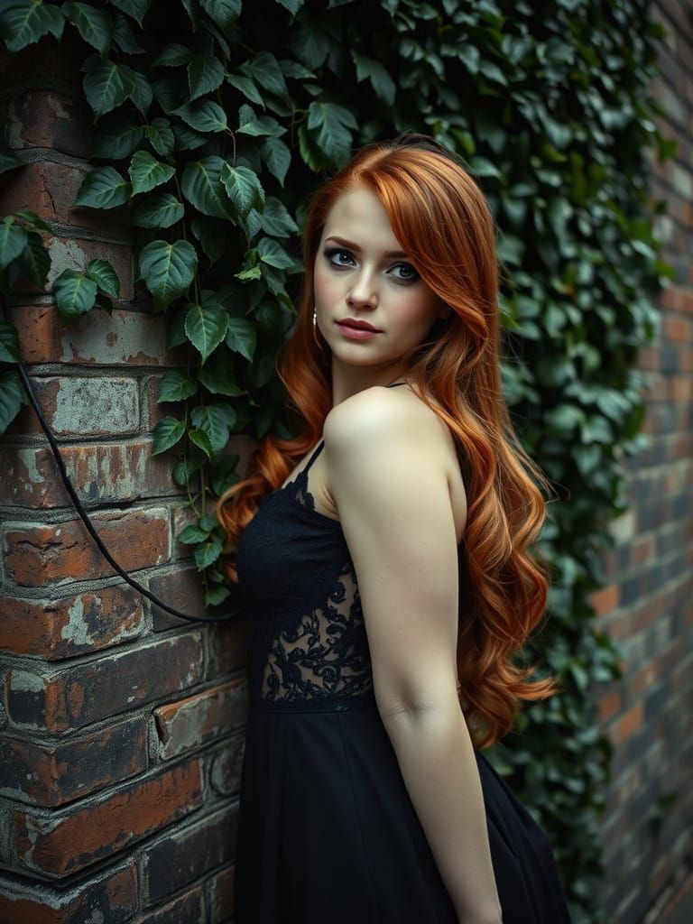 Redhead Against Brick Wall in Gothic Style