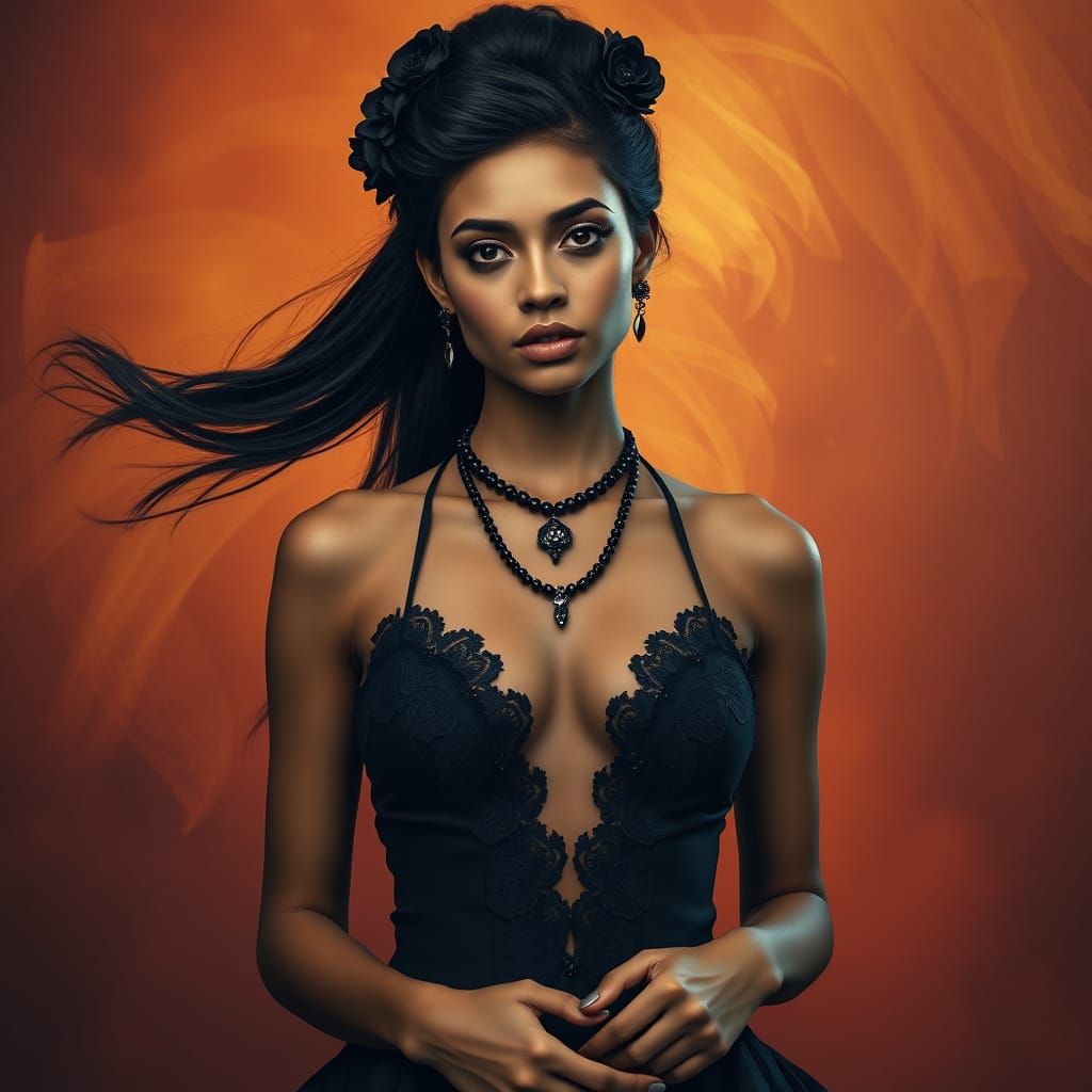Cuban Woman in Gothic Attire with Fiery Backdrop