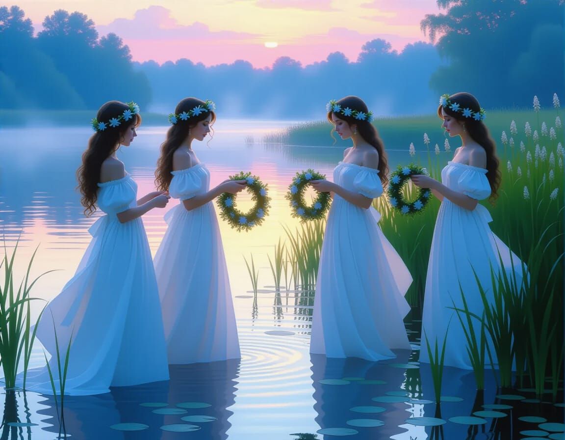 Ethereal Maidens Dance at Dusk in Hyperrealistic Style