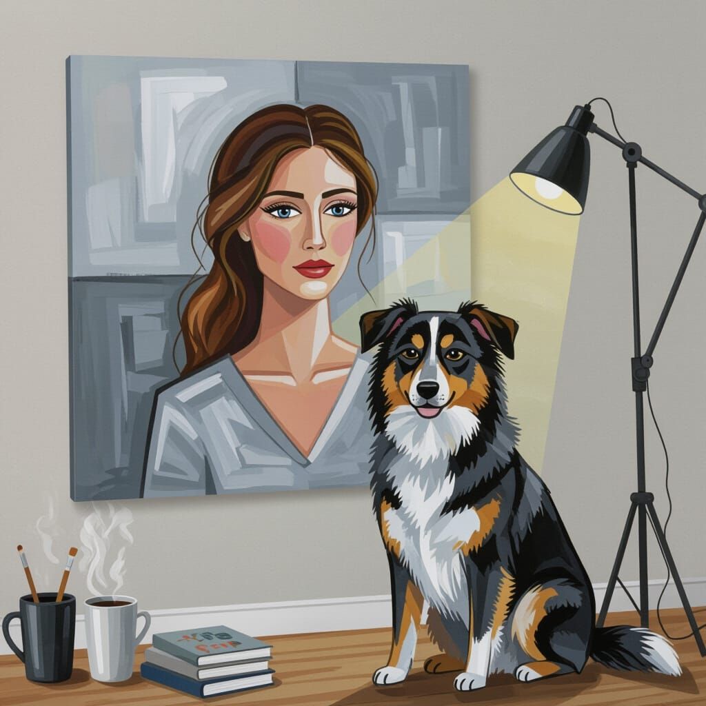 Abstract Grey Oil Painting of Woman and Dog