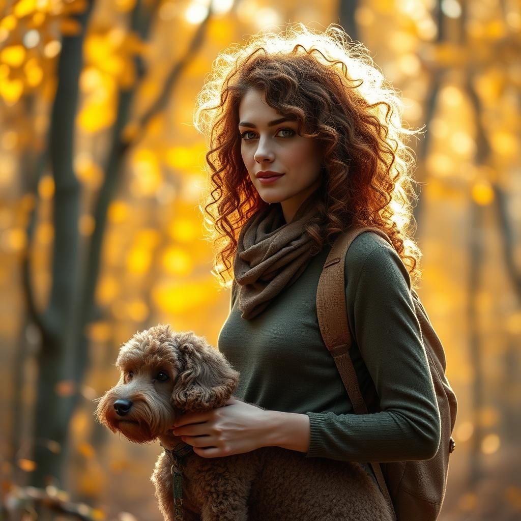 Woman and Poodle Hike in Autumn Woods