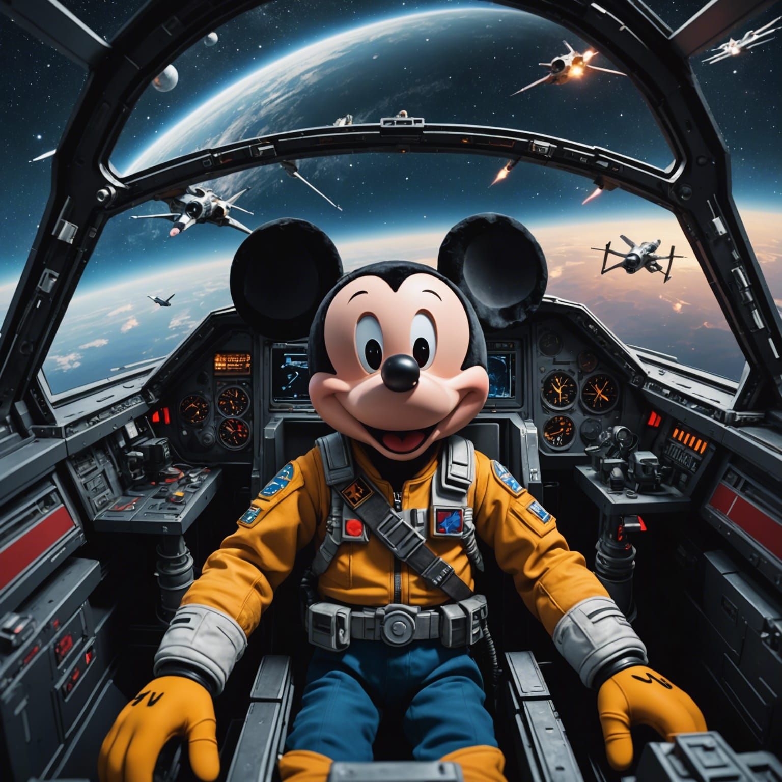 Mickey Mouse Piloting X-Wing in Anime Style