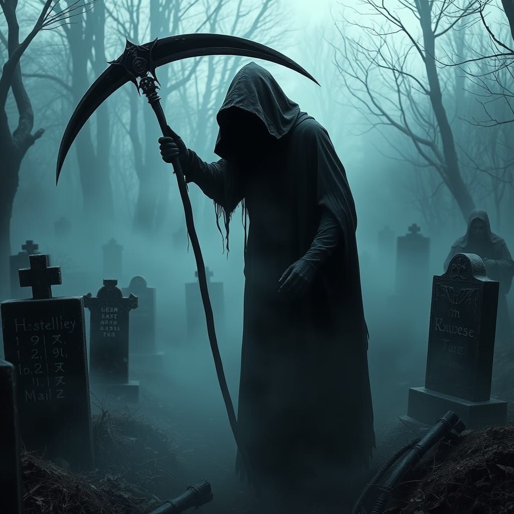 Ominous Angel of Death in Gothic Graveyard