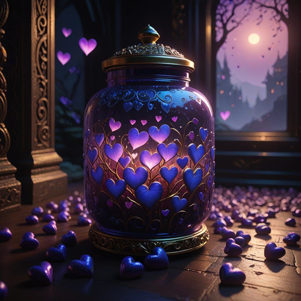 Surreal Jar of Glowing Hearts in a Dark, Velvety Environment