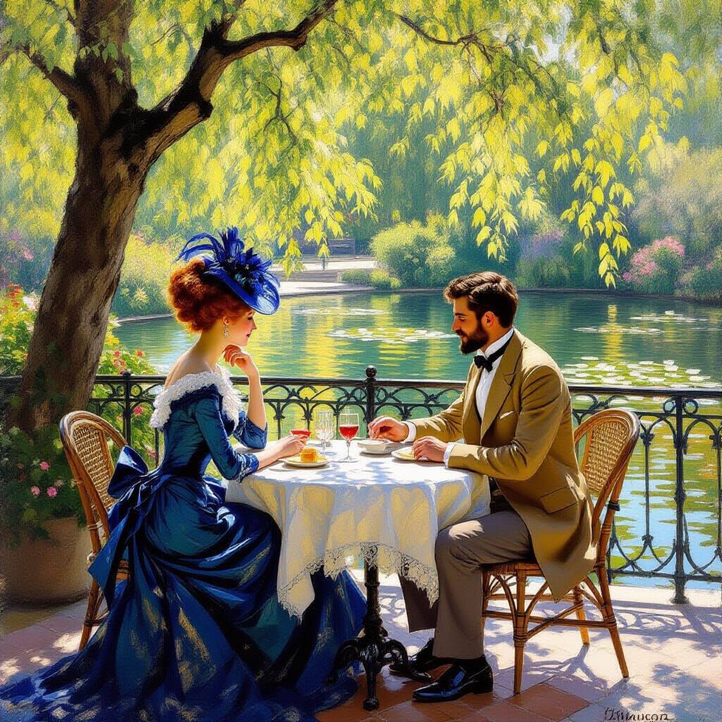 Refined Couple on Café Patio in Impressionist Style