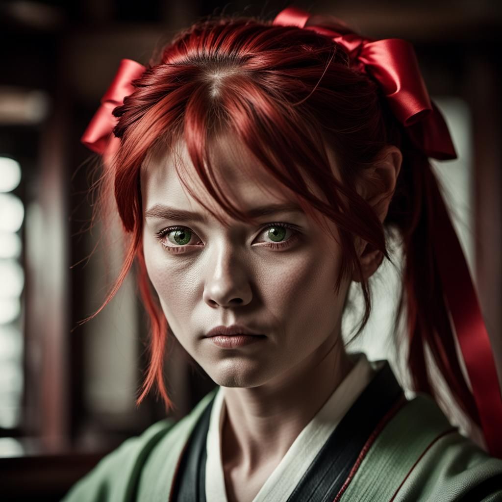 Charismatic Female Samurai Portrait in Black and White