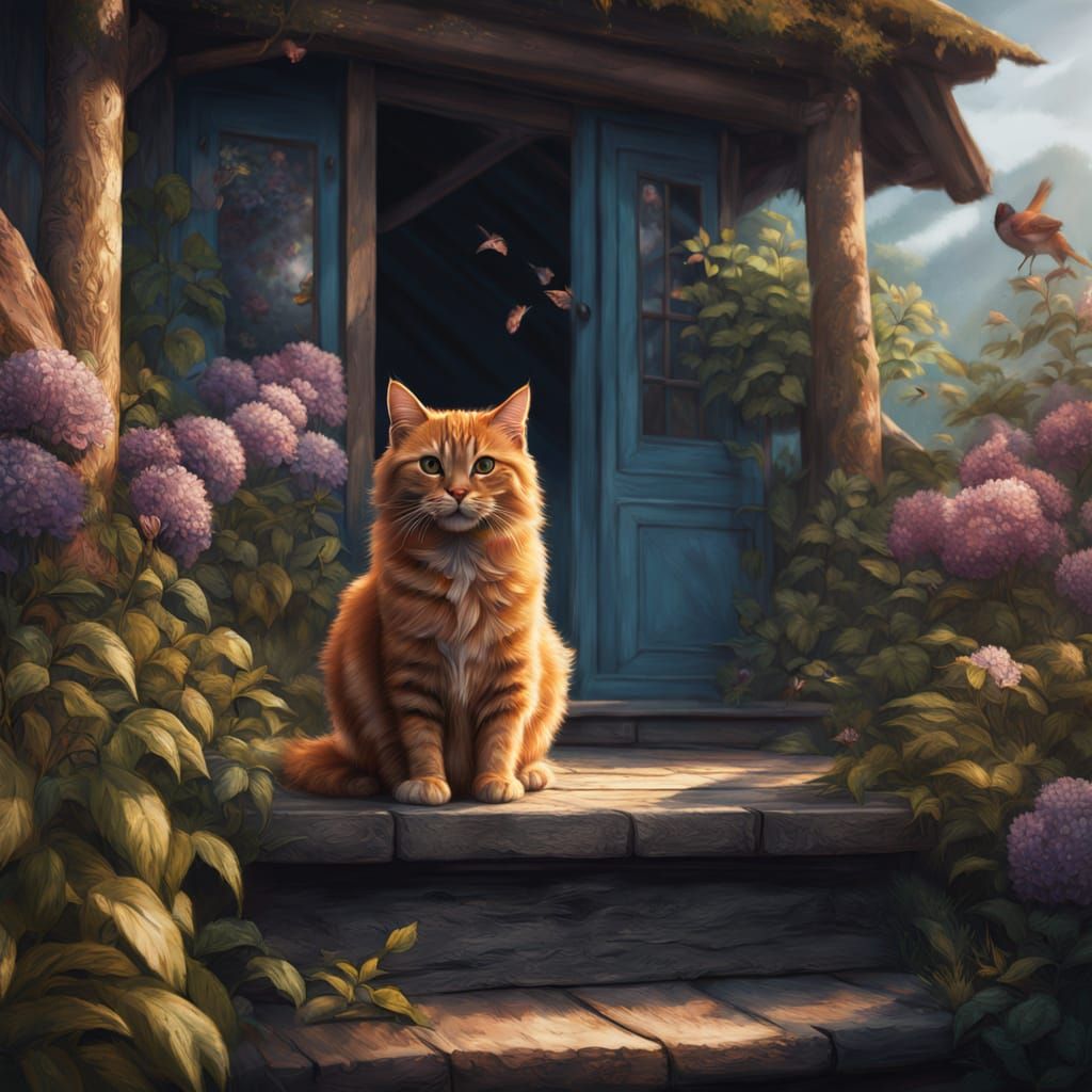 Ginger Cat Enchanted on Whimsical Cottage Porch