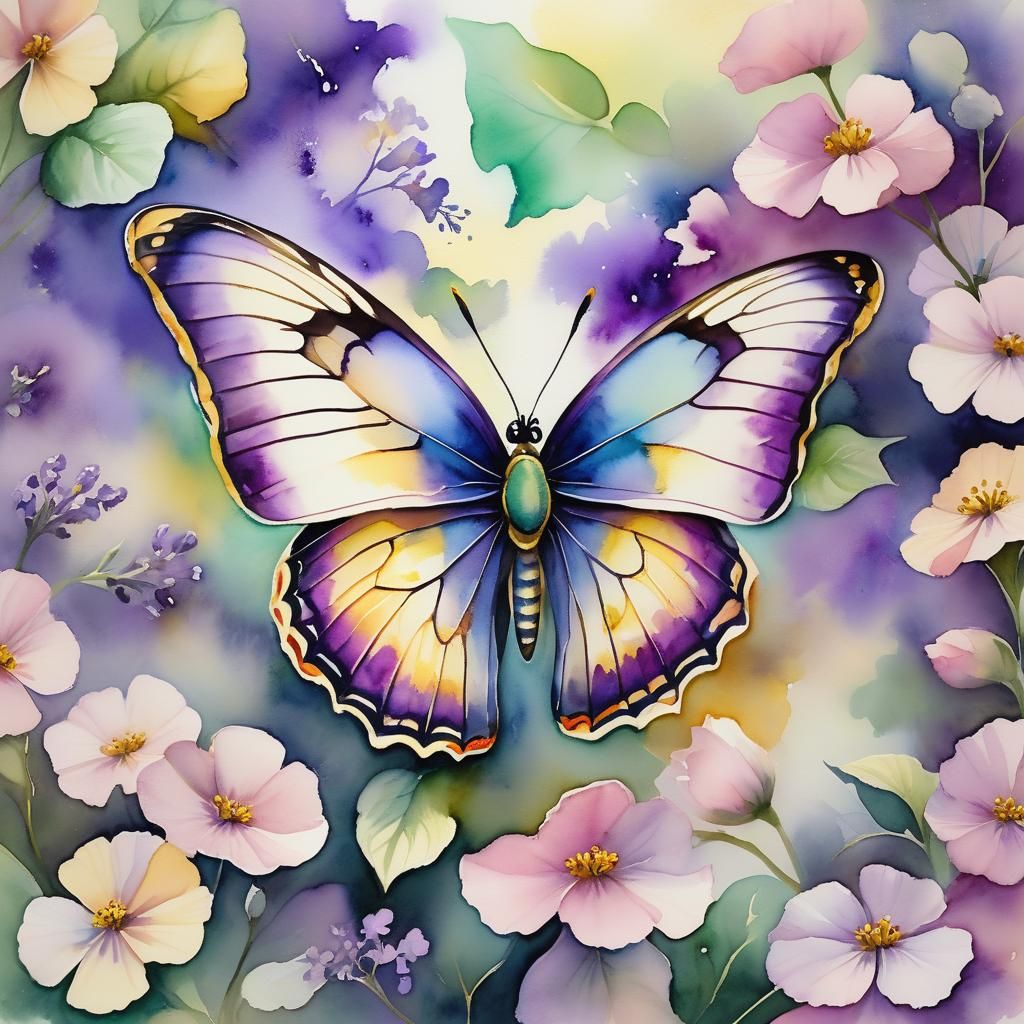 Butterfly on Violet: Watercolor Fantasy Realism