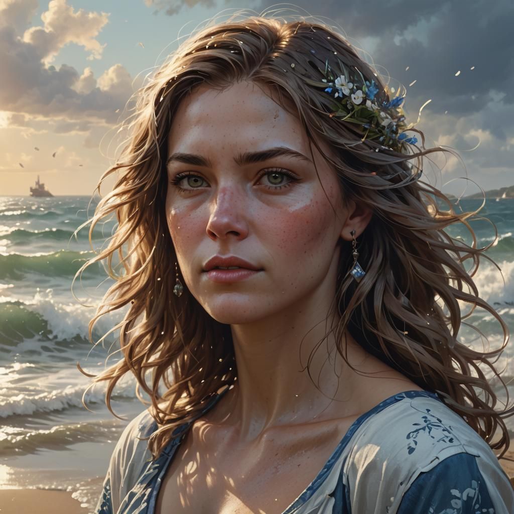 Seaside Portrait in Detailed Digital Art Style