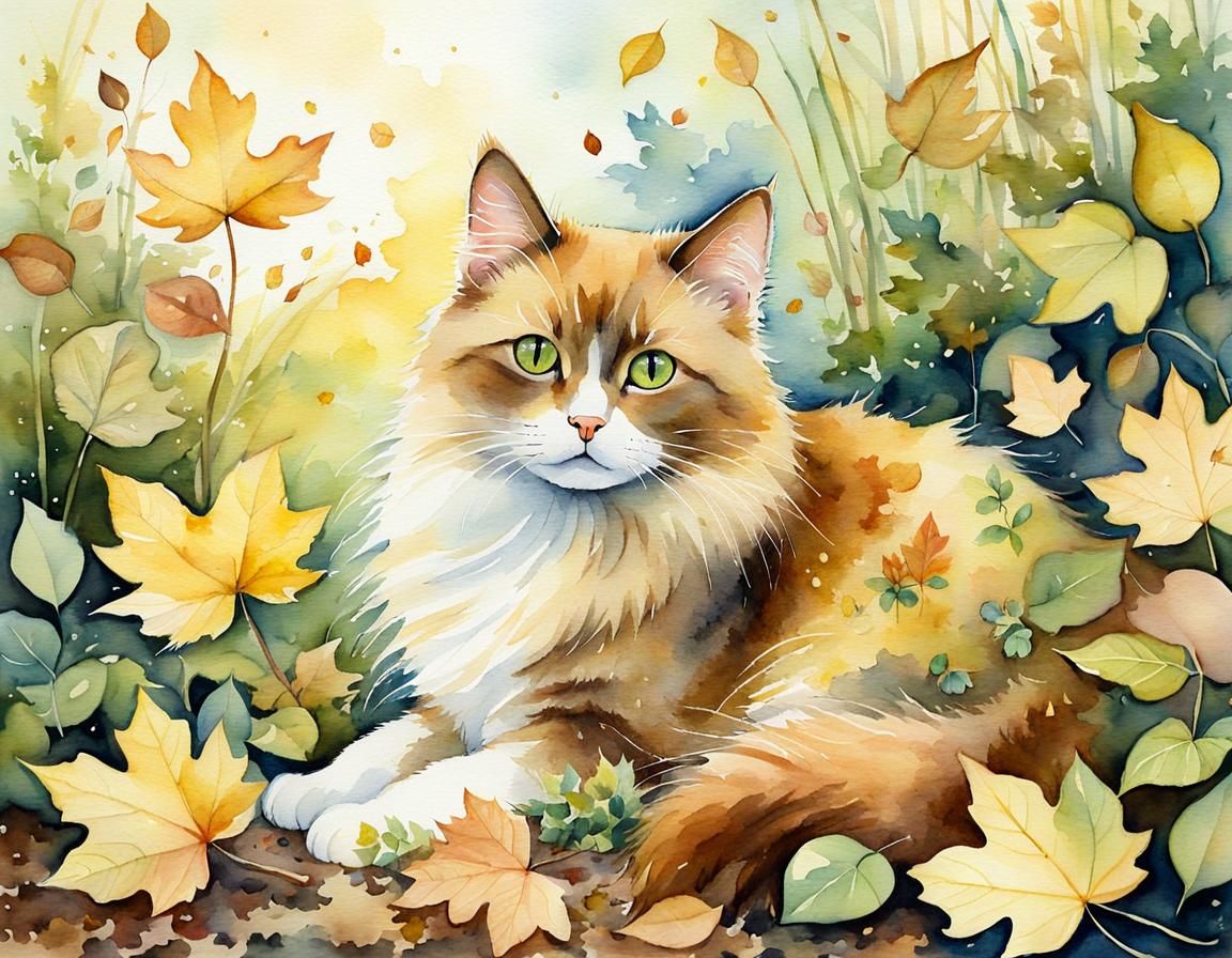 Whimsical Cat Playing in Garden, Aquarelle Painting