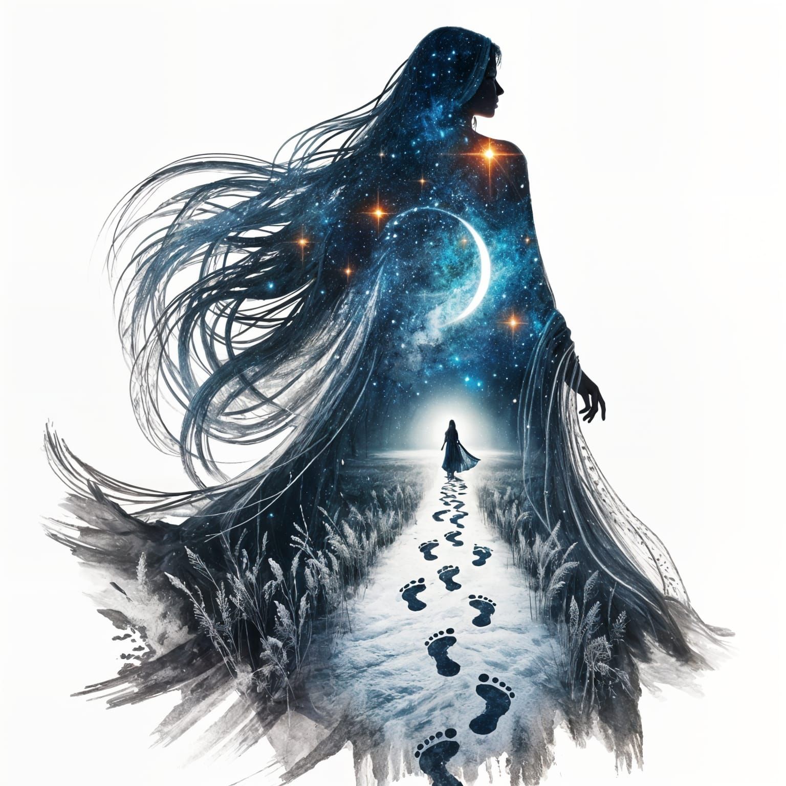 A Starry Night Path for a South Asian Woman in a Sari