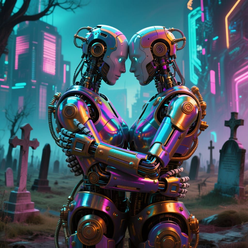 Cybernetic Robots Embrace in Dystopian Cyberpunk City