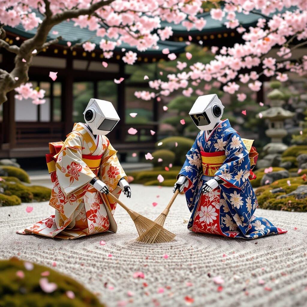 Origami Robots in Zen Garden, Art Nouveau Style