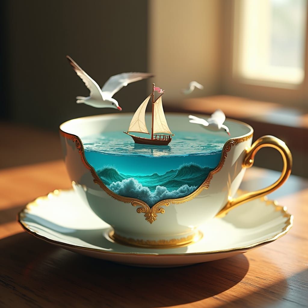 Ocean in Teacup: Dreamlike Miniature Scene