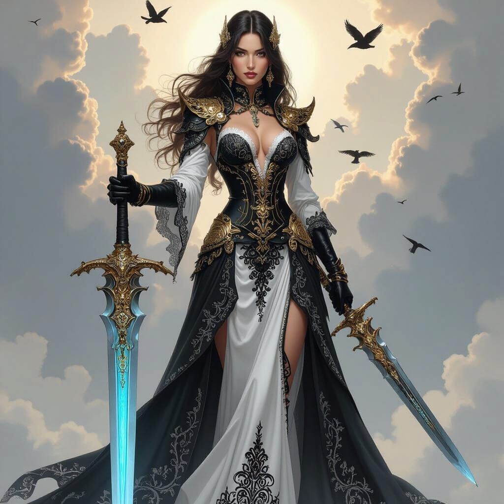 Fantasy Woman with Ornate Sword and Lace Dress