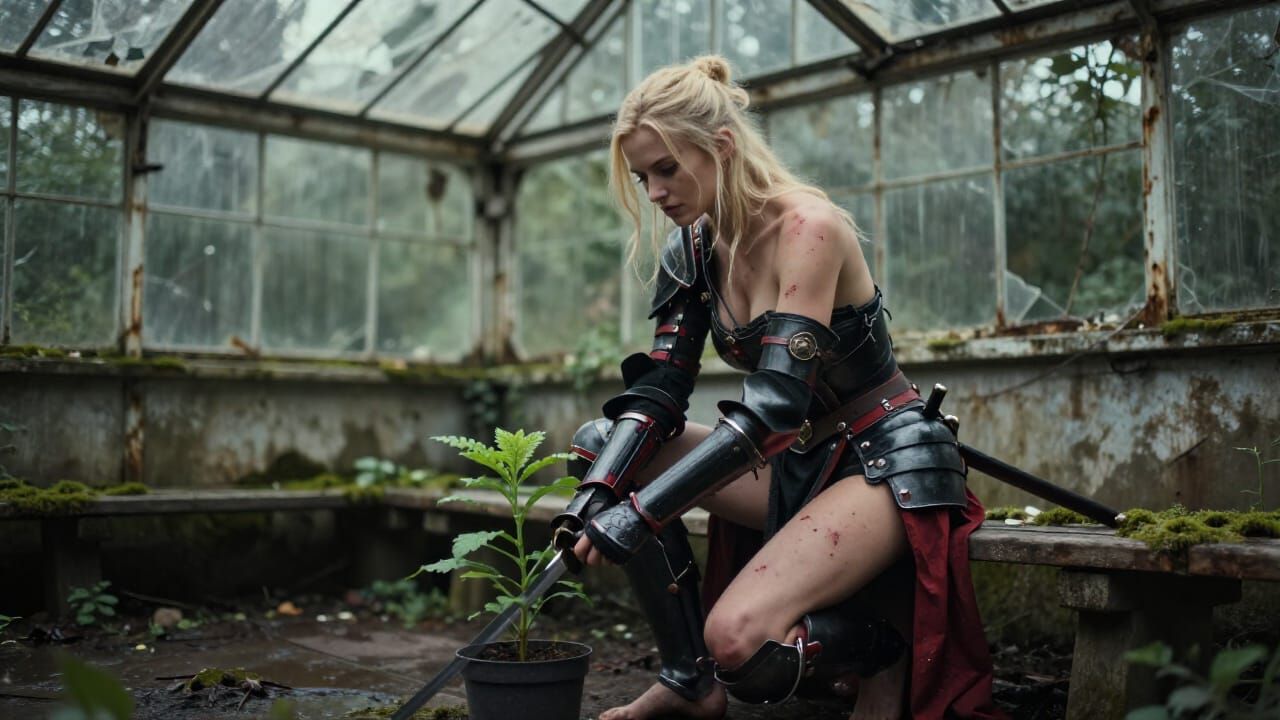 Warrior Woman Finds Hope in Ruined Greenhouse