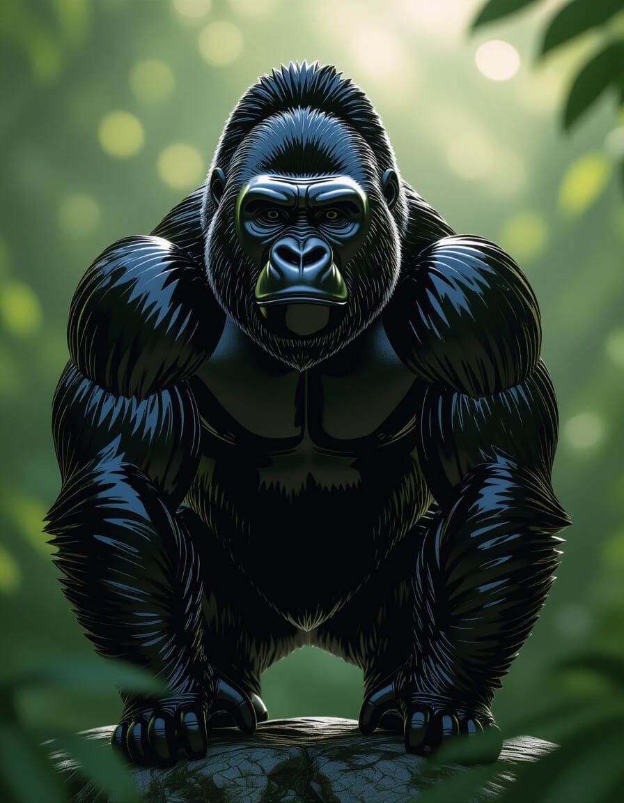 Silverback Gorilla Sculpture in Polished Obsidian Glass