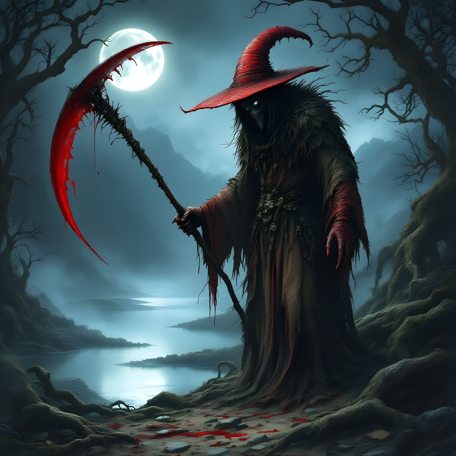 Fierce Unseelie Redcap in Fiery Landscape